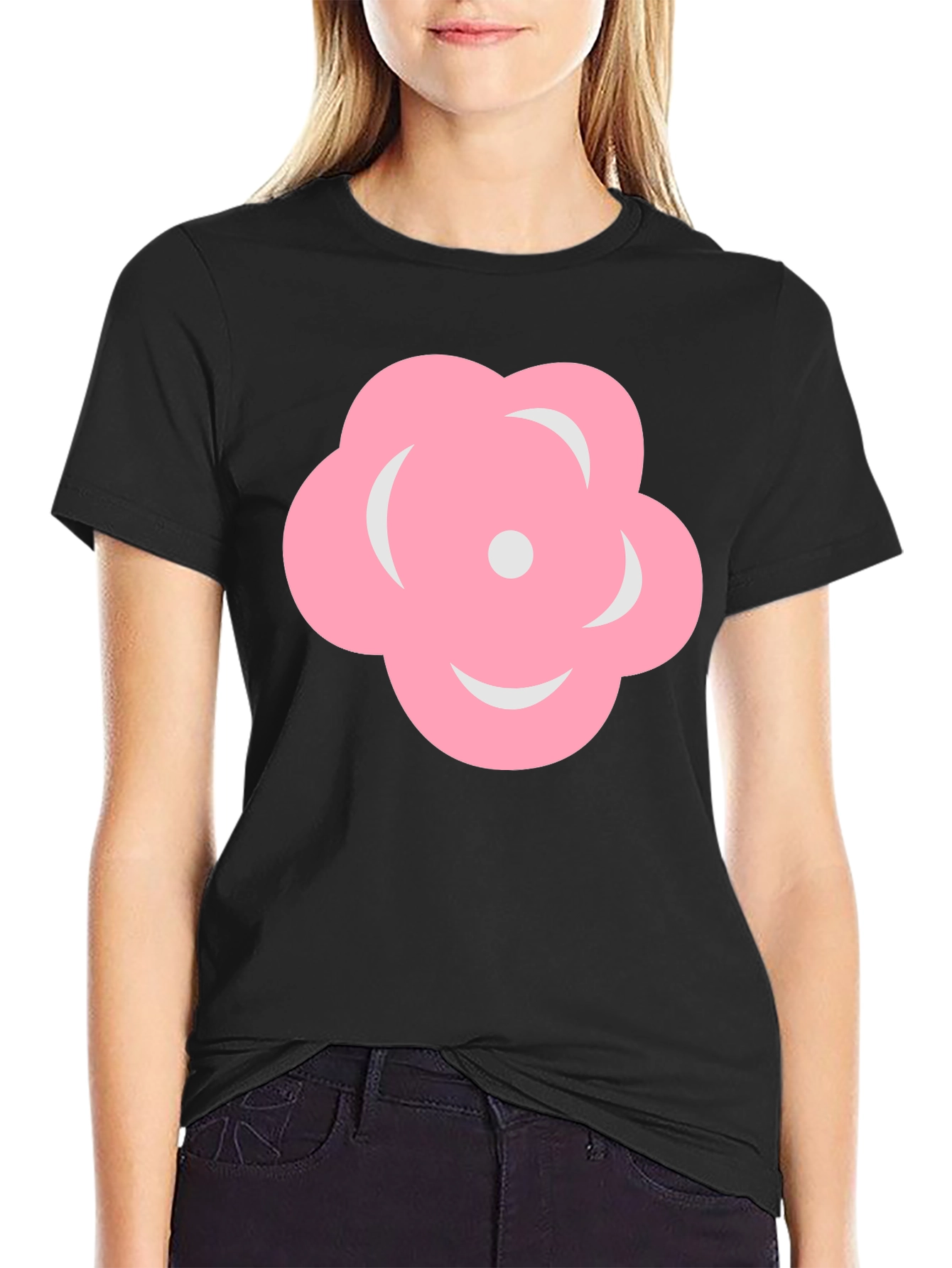 Pink Flower Graphic Black T-Shirt