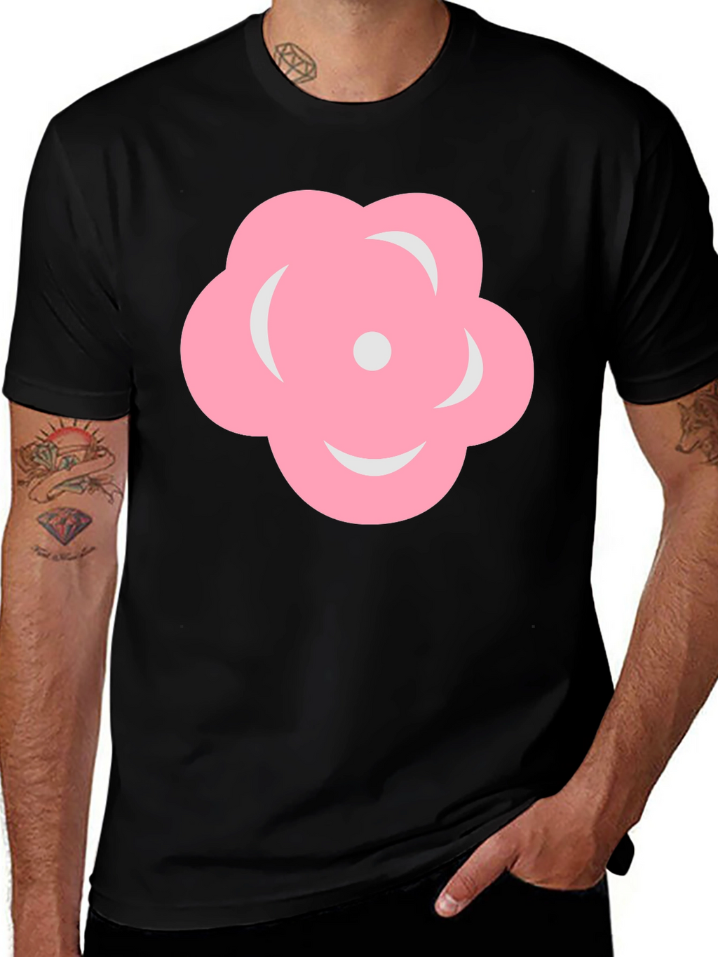 Pink Flower Graphic Black T-Shirt