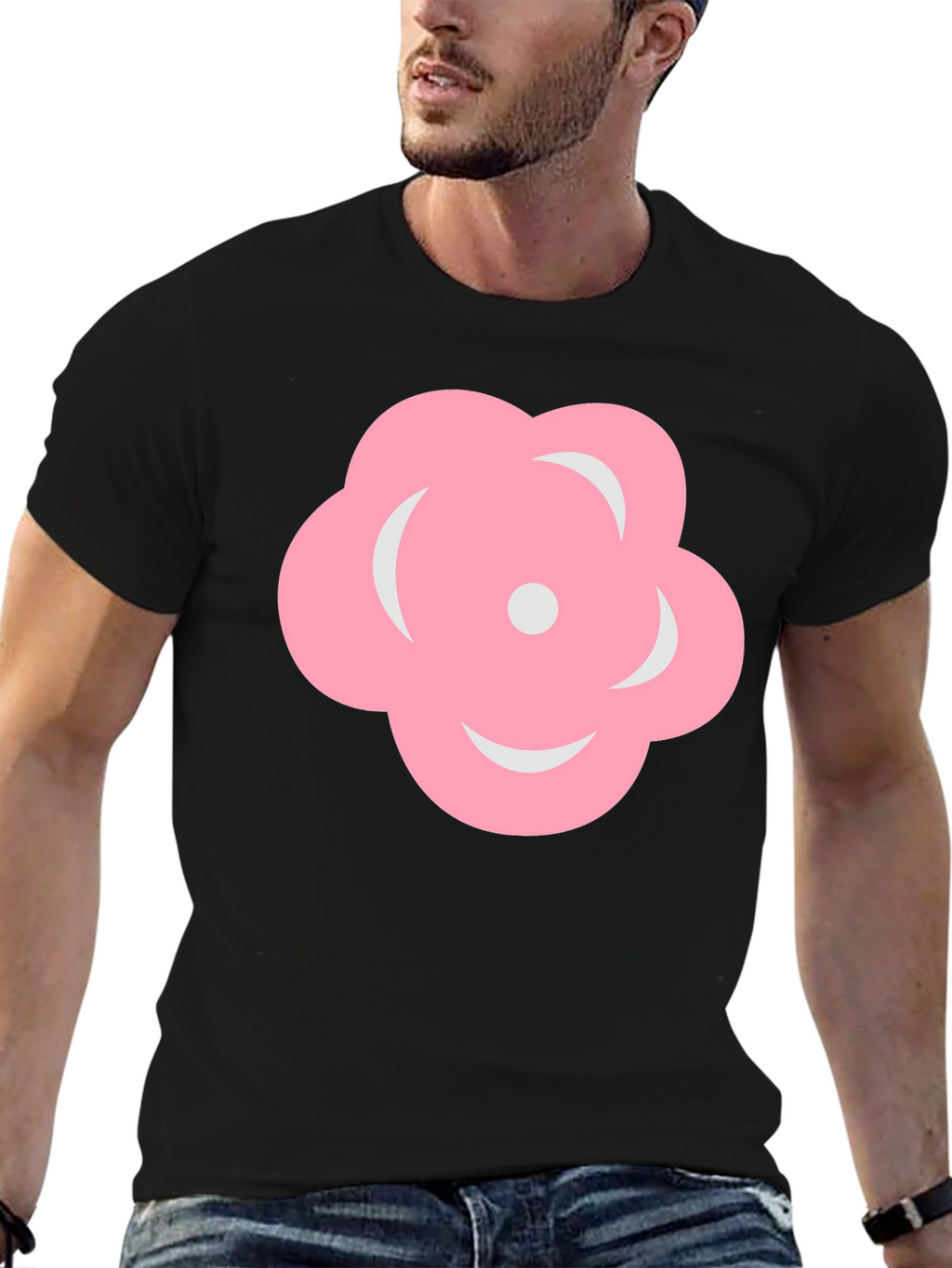 Pink Flower Graphic Black T-Shirt