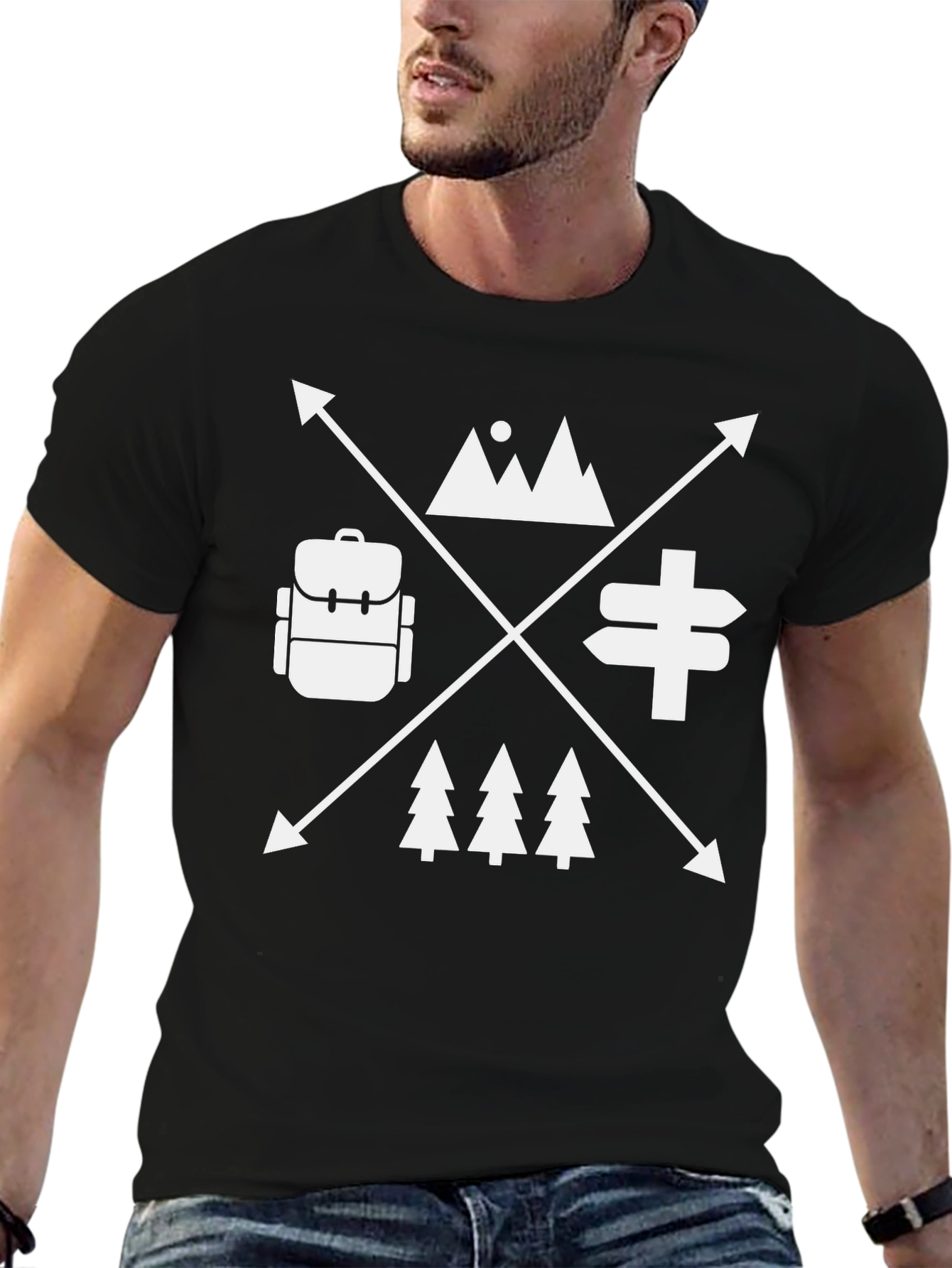 Adventure Awaits Black T-Shirt - Mountain Backpack Design