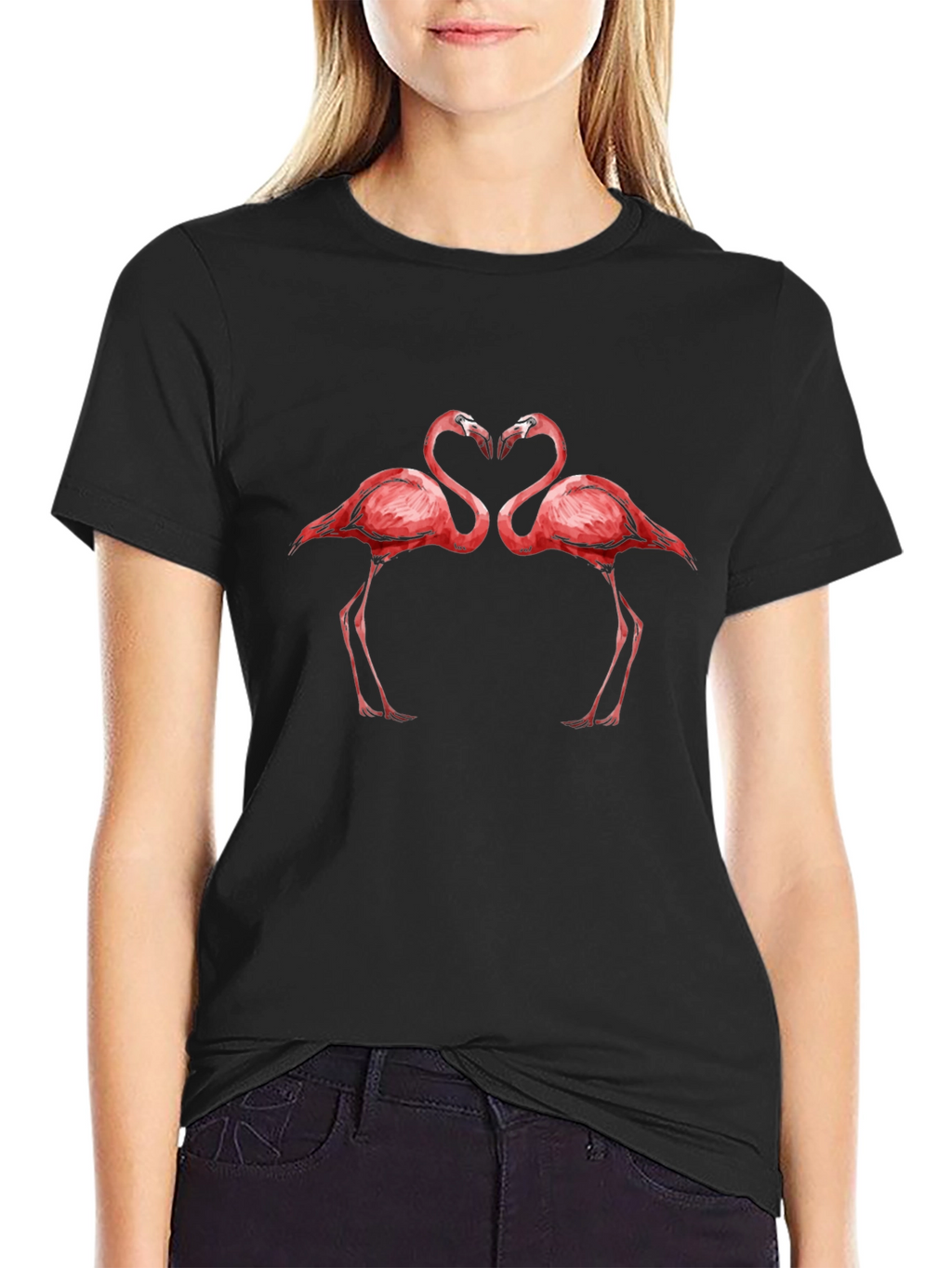 Flamingo Heart Graphic Tee - Black Cotton Shirt