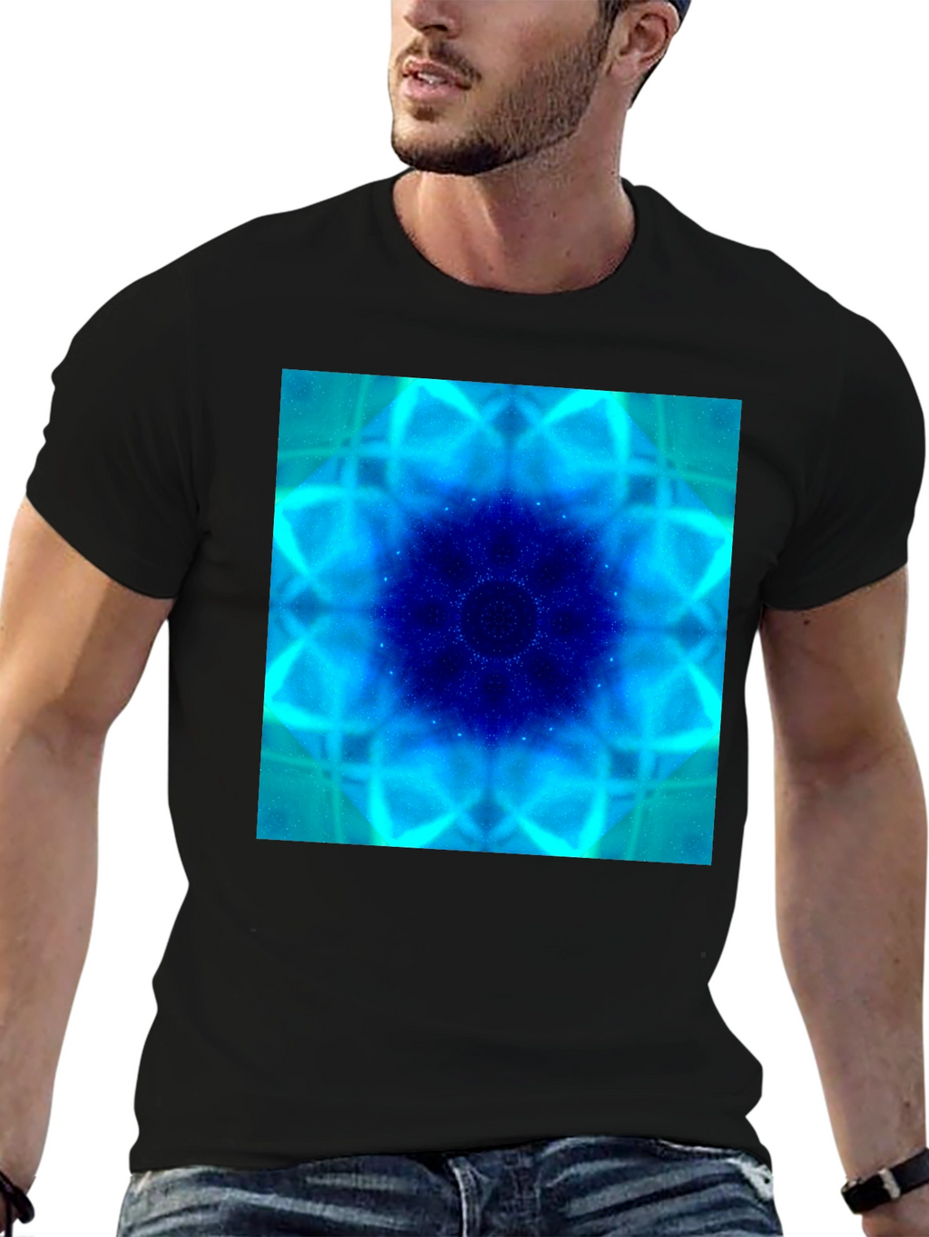 Blue Fractal Art Black T-Shirt