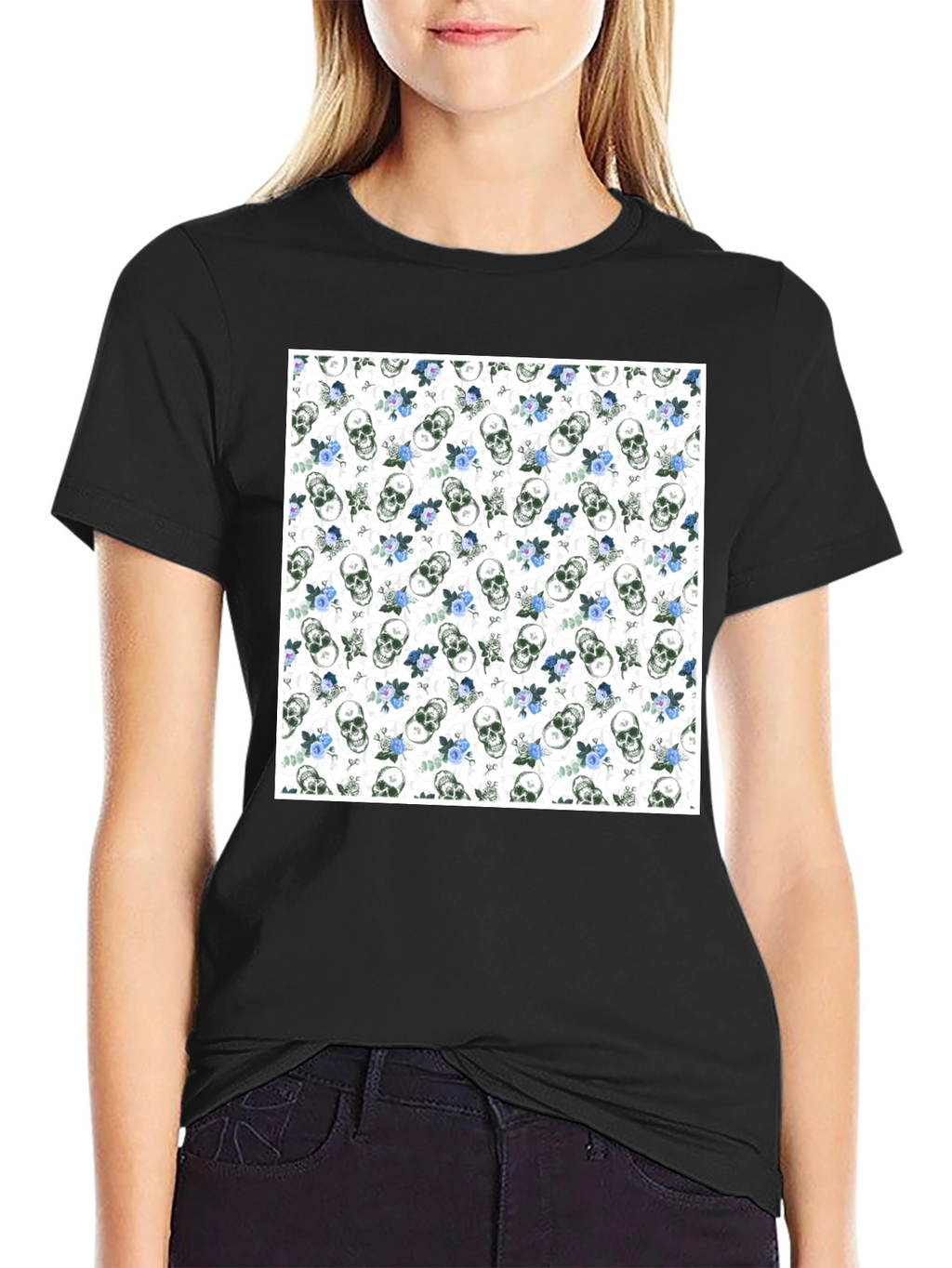 Skull & Roses Print Black Crew Neck T-Shirt