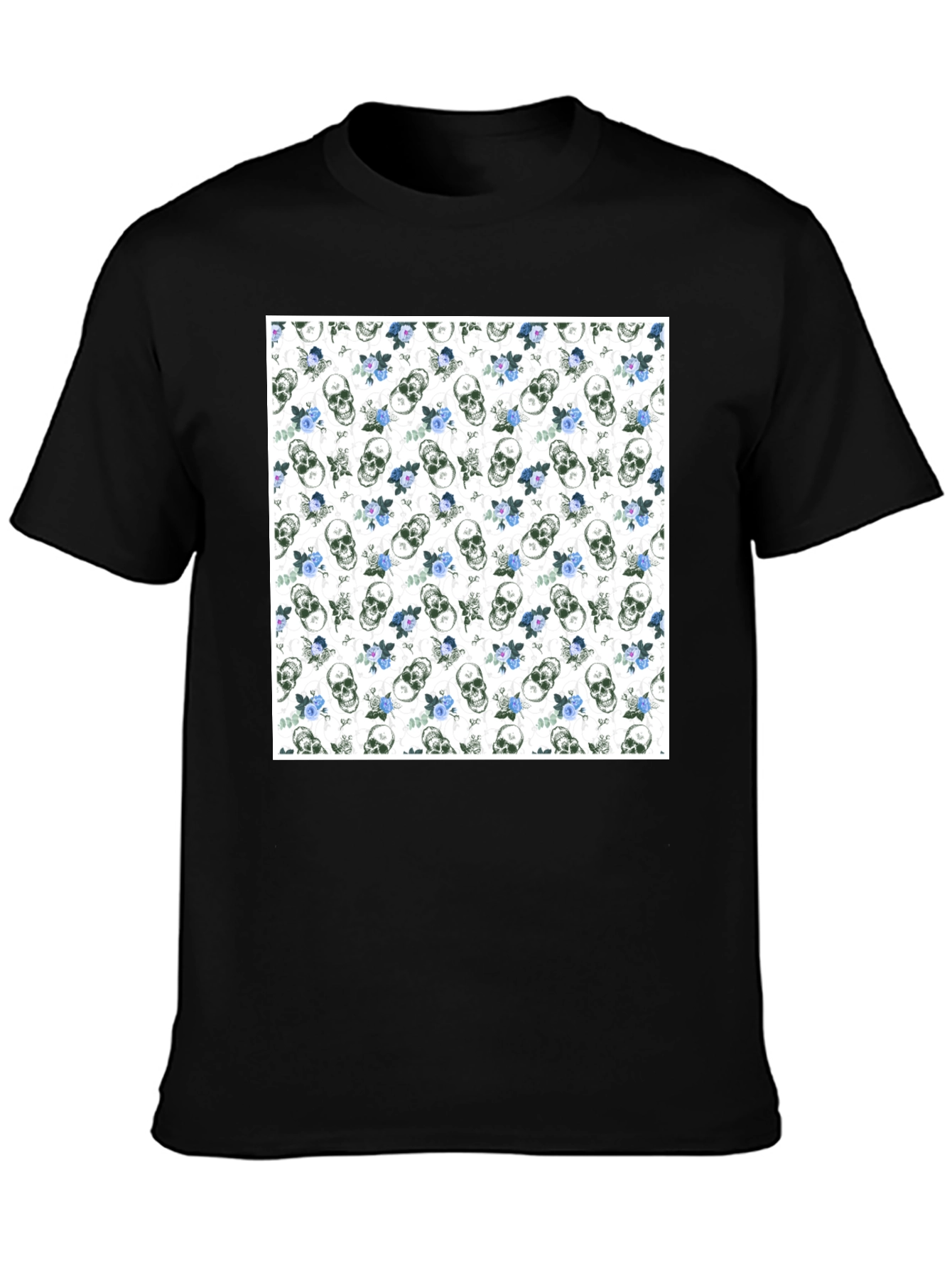 Skull & Roses Print Black Crew Neck T-Shirt
