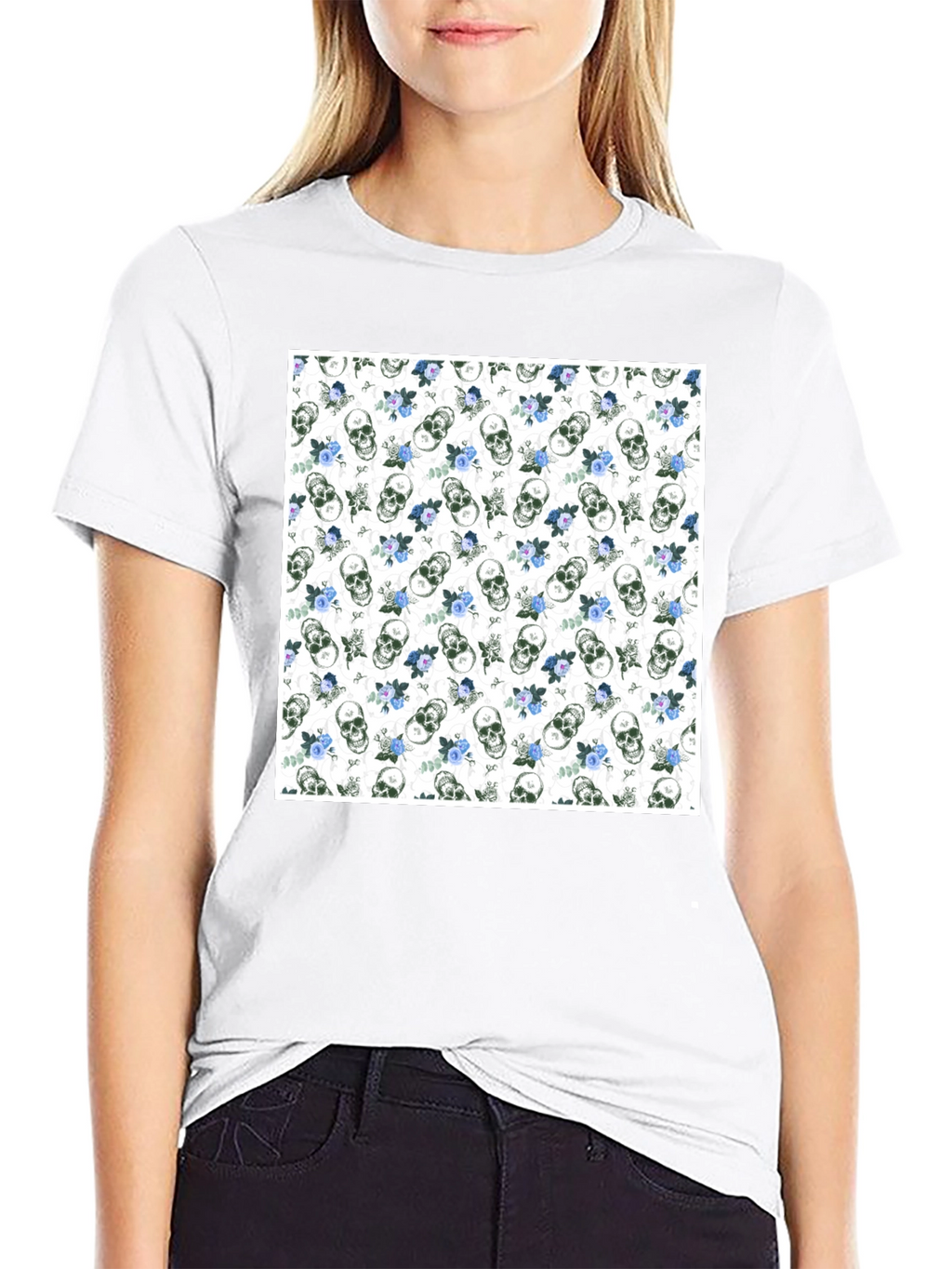 Skull & Roses Print Black Crew Neck T-Shirt