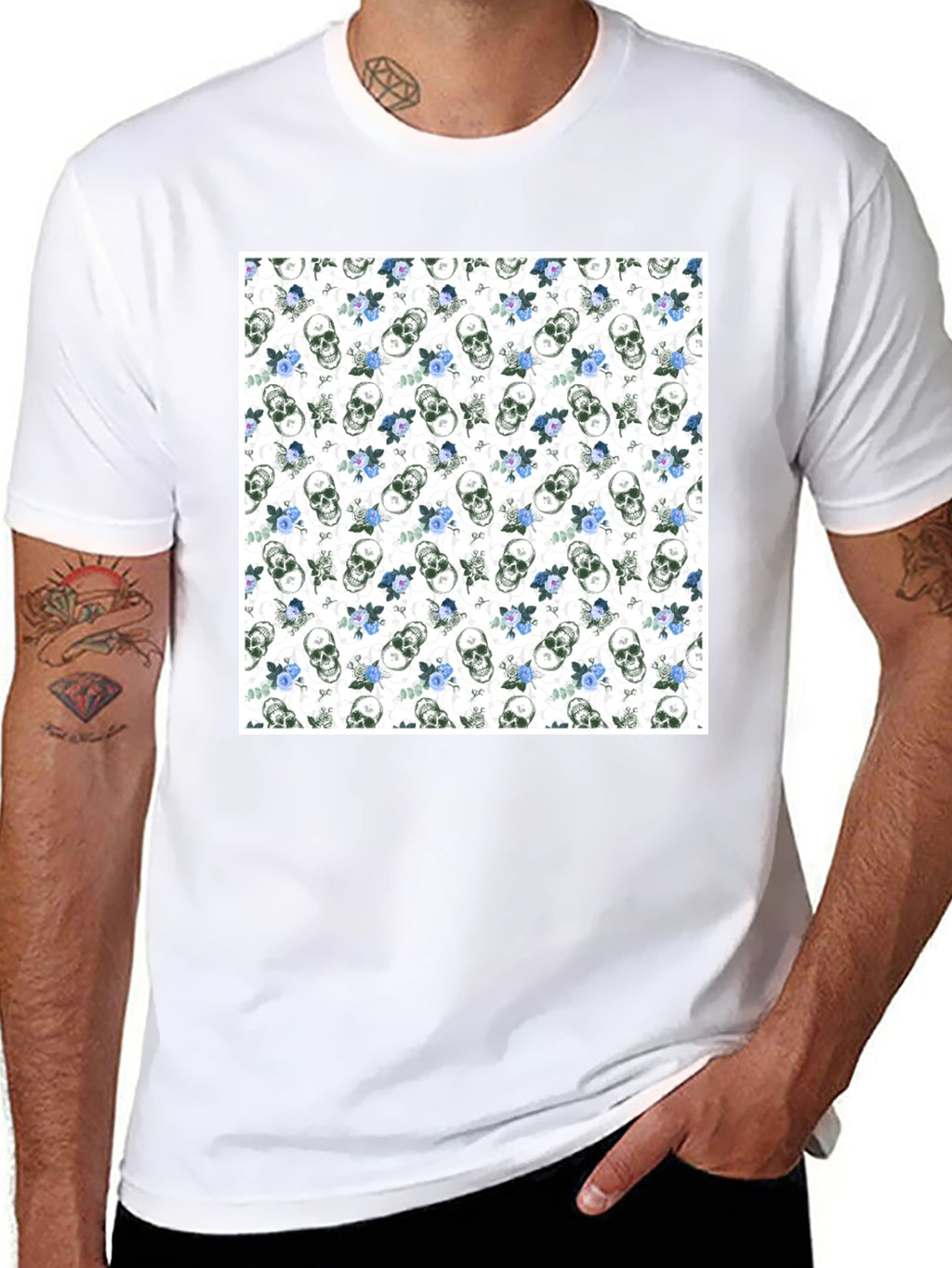 Skull & Roses Print Black Crew Neck T-Shirt