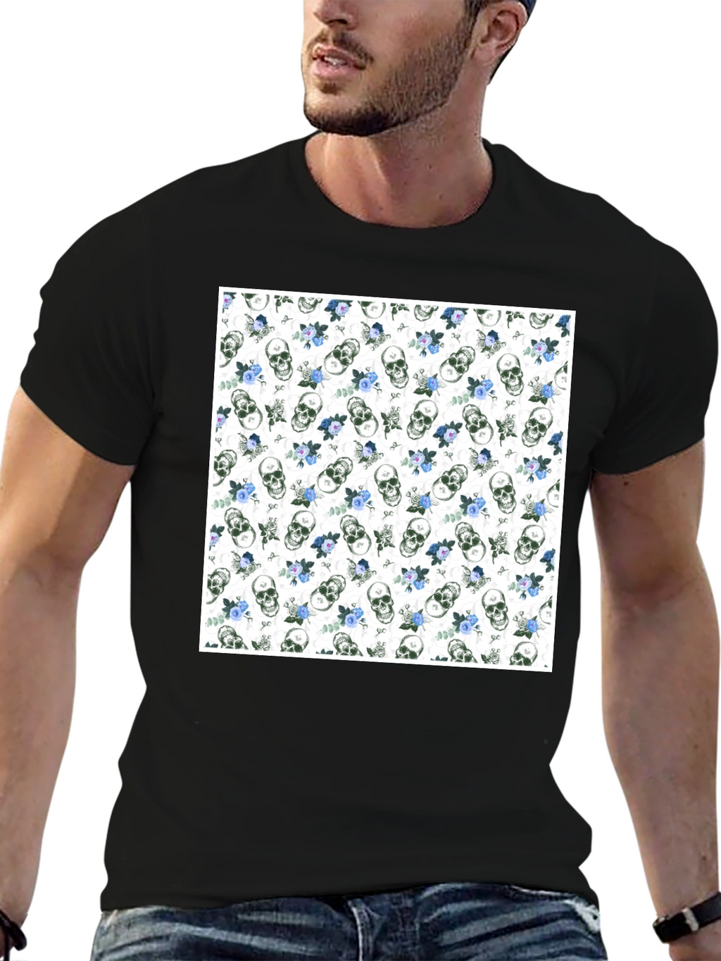 Skull & Roses Print Black Crew Neck T-Shirt
