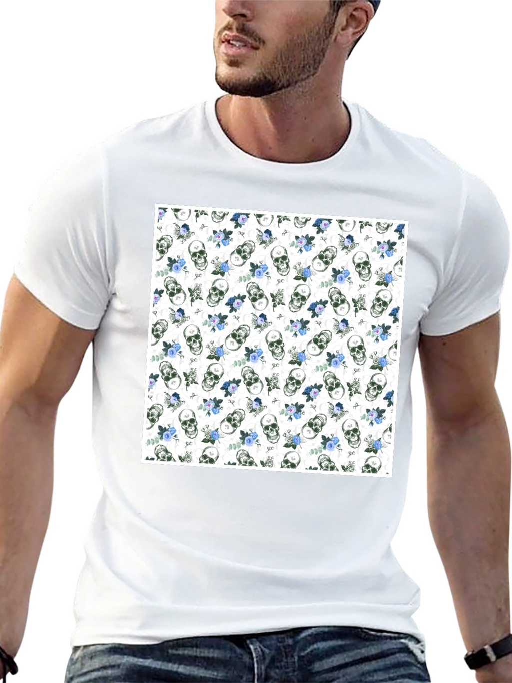 Skull & Roses Print Black Crew Neck T-Shirt