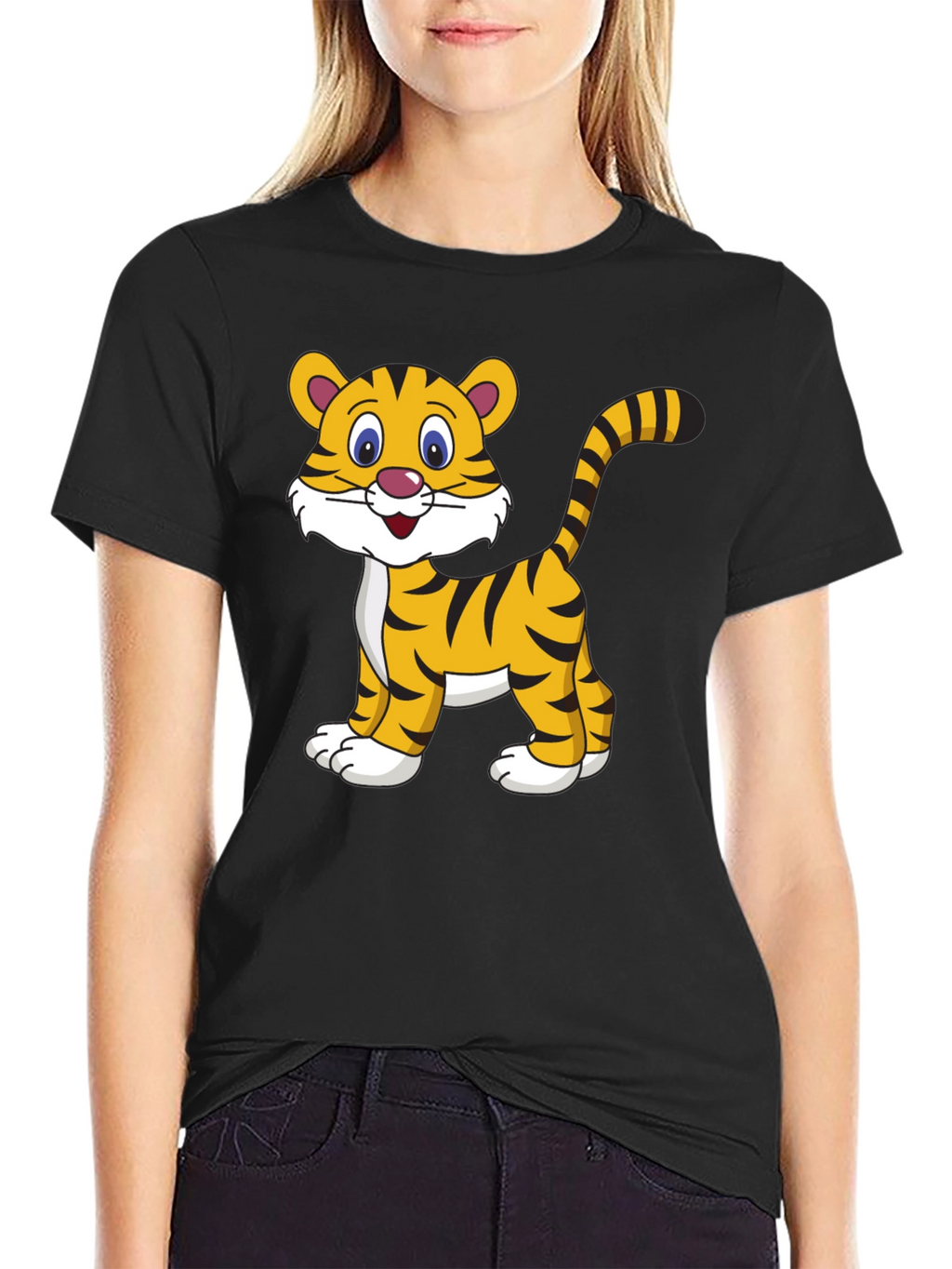 Cute Cartoon Tiger Graphic Tee - Black Cotton T-Shirt