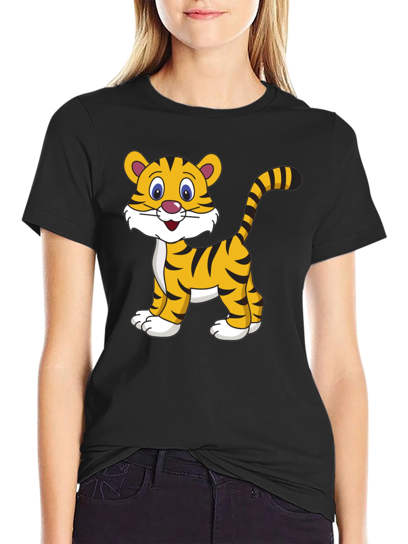 Cute Cartoon Tiger Graphic Tee - Black Cotton T-Shirt