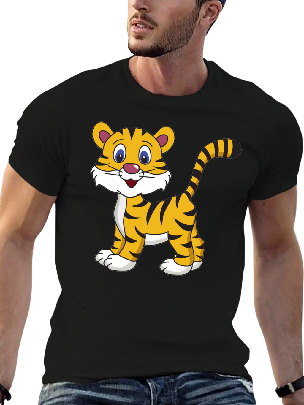 Cute Cartoon Tiger Graphic Tee - Black Cotton T-Shirt
