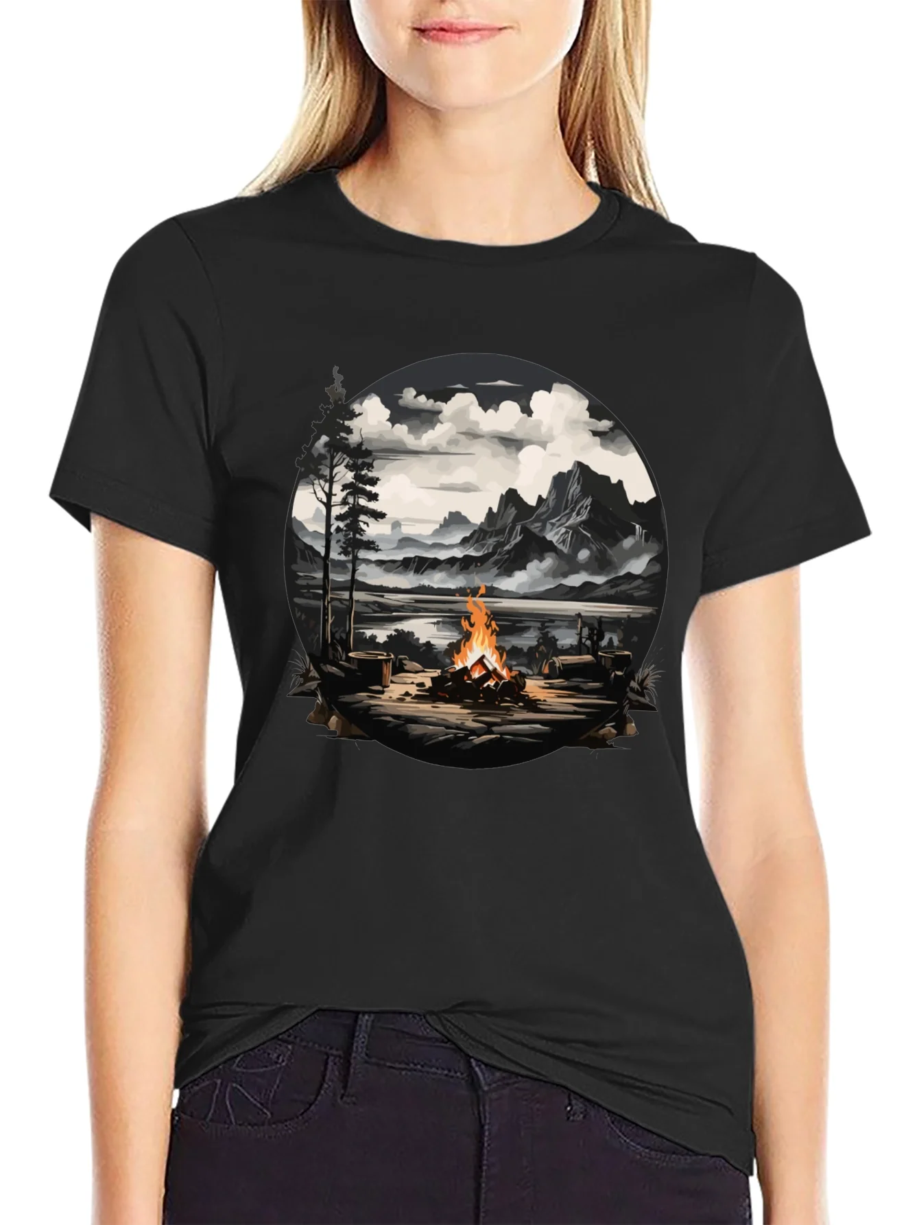 Campfire Graphic T-Shirt: Nature Scene Tee