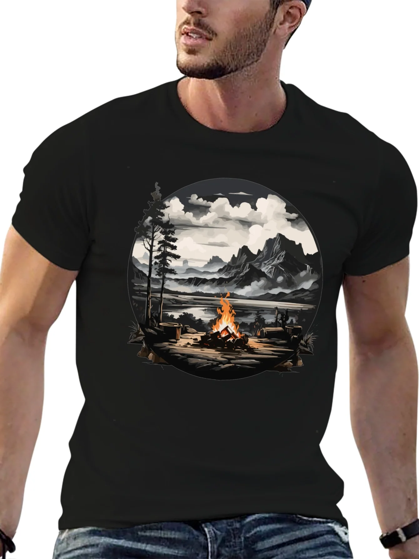 Campfire Graphic T-Shirt: Nature Scene Tee