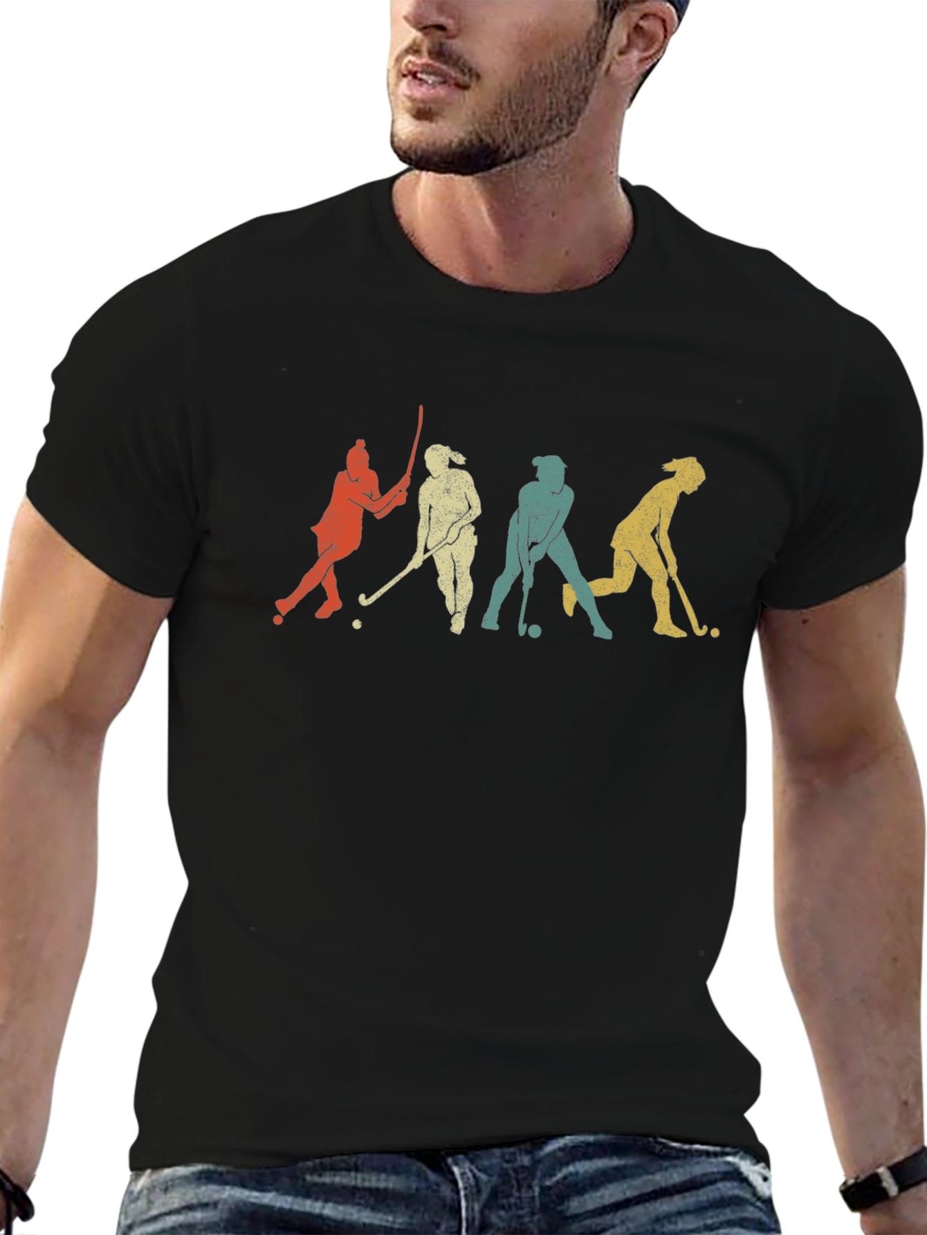 Retro Field Hockey Player Silhouette Graphic T-Shirt
