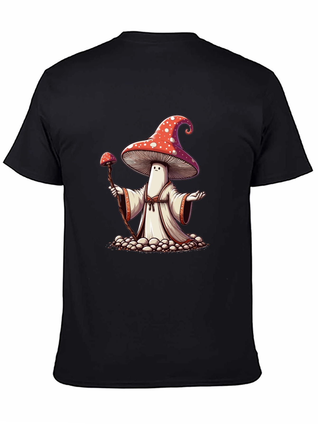 Mushroom Wizard Graphic Tee - Black Cotton T-Shirt