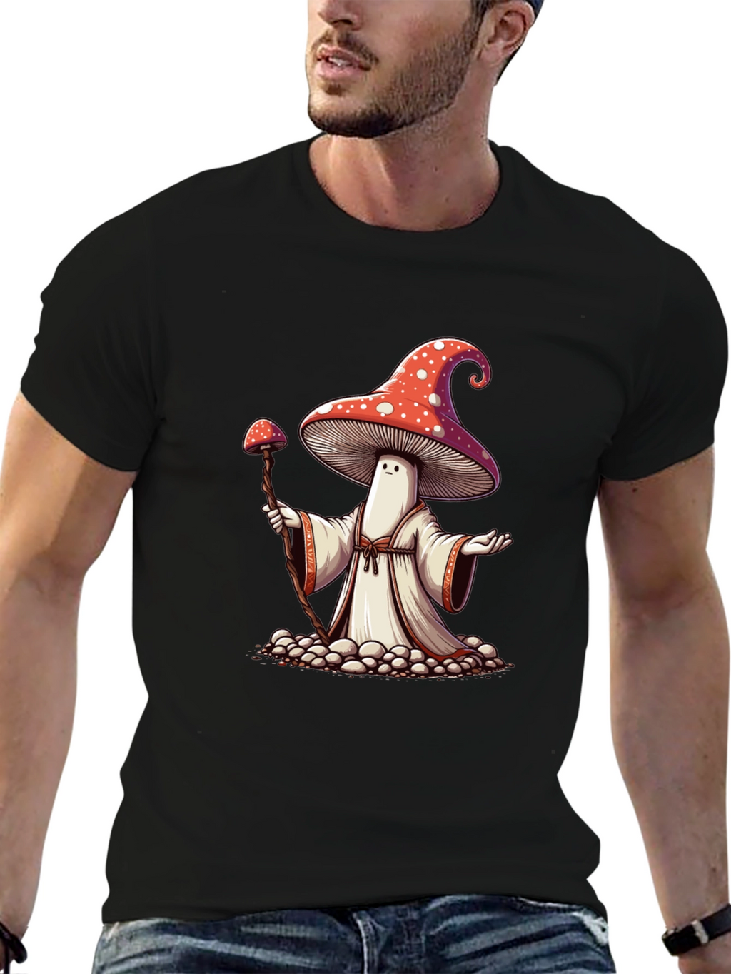 Mushroom Wizard Graphic Tee - Black Cotton T-Shirt