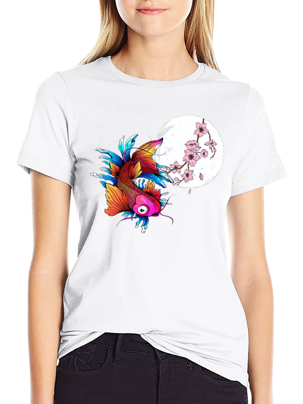 Koi Fish & Cherry Blossom Graphic Tee - Black