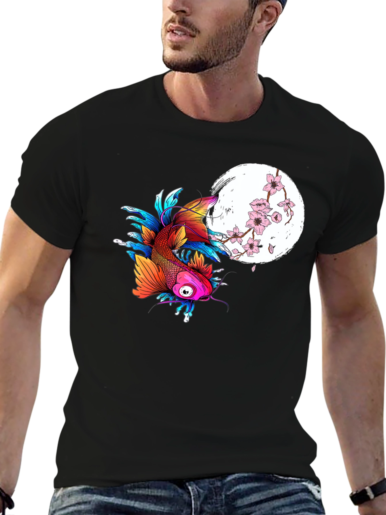 Koi Fish & Cherry Blossom Graphic Tee - Black